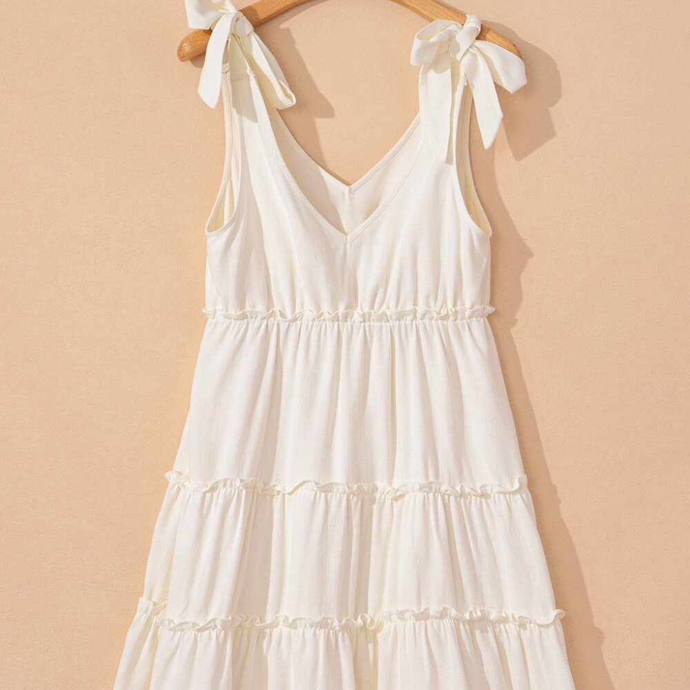 B283 Oatmeal Solid Color Tie Strap Ruffle Tiered Mini Dress - Picture 11 of 15